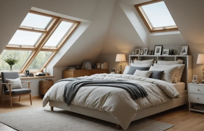 chambre à coucher lit sous la pente du toit